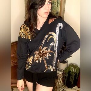 Vintage Black Tropical Print Applique Sweater